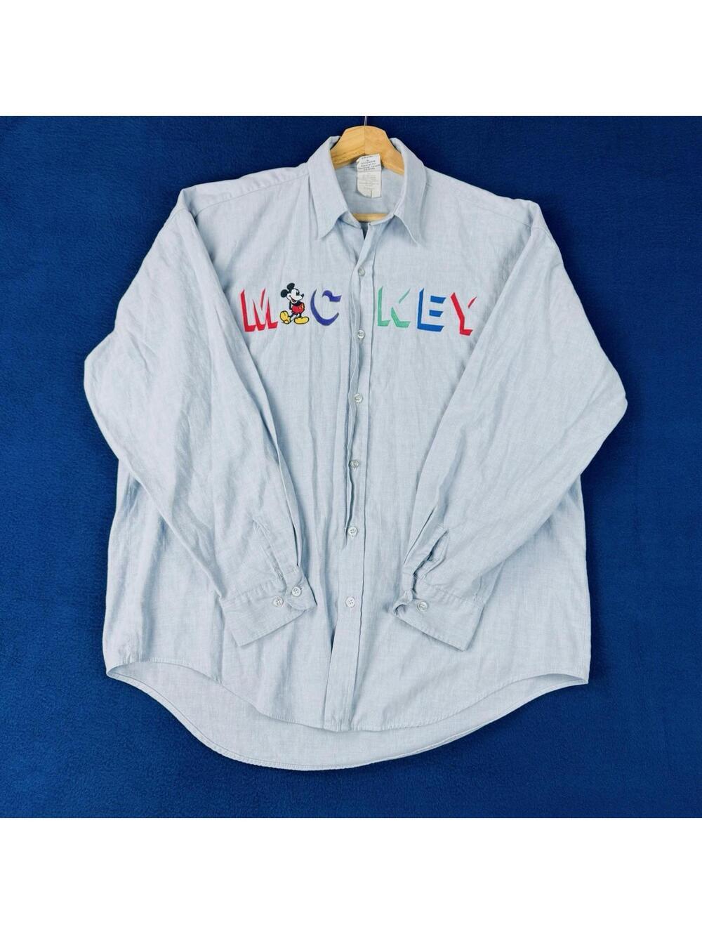 Disney Light Blue Button-Down Shirt with Colorful Mickey Lettering